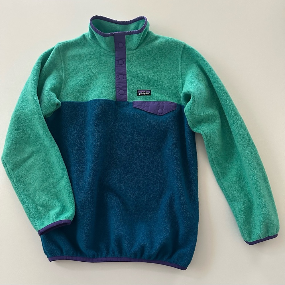 Patagonia Synchilla Kids 14 Snap T Sweater Teal Blue Purple Fleece Pullover